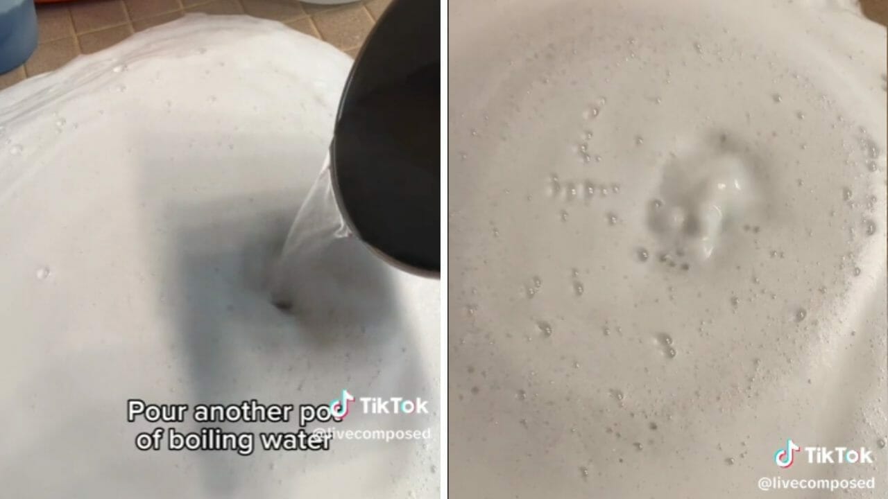 How to Unclog a Shower Drain with a Simple Hack: Dish Soap, Baking Soda & Vinegar 7 pouring water down clean shower drain