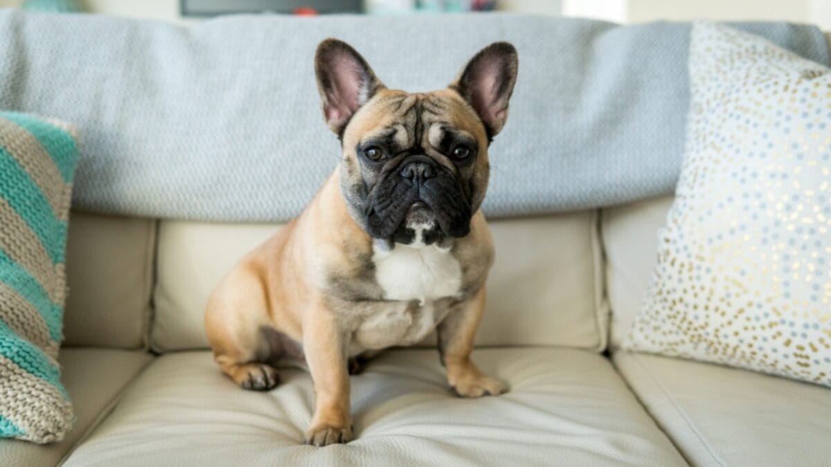 Dog Breeds: All Types from Small to Giant, Personalities & Characteristics 104 Dog Breeds: All Types from Small to Giant, Personalities & Characteristics - French bulldog sitting on couch ss1054216205