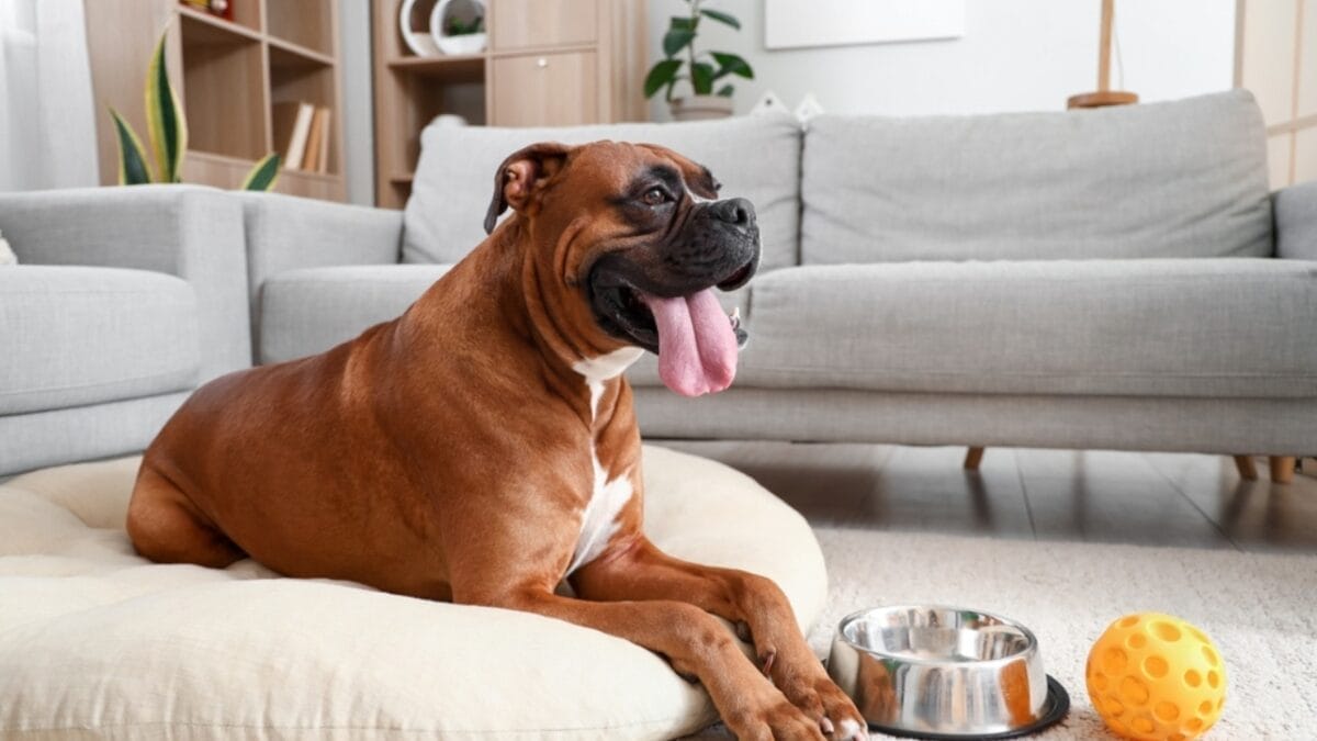 18 Breeds That Love to Take Over Your Bed Every Night - boxer dog sitting living room ss2267645825