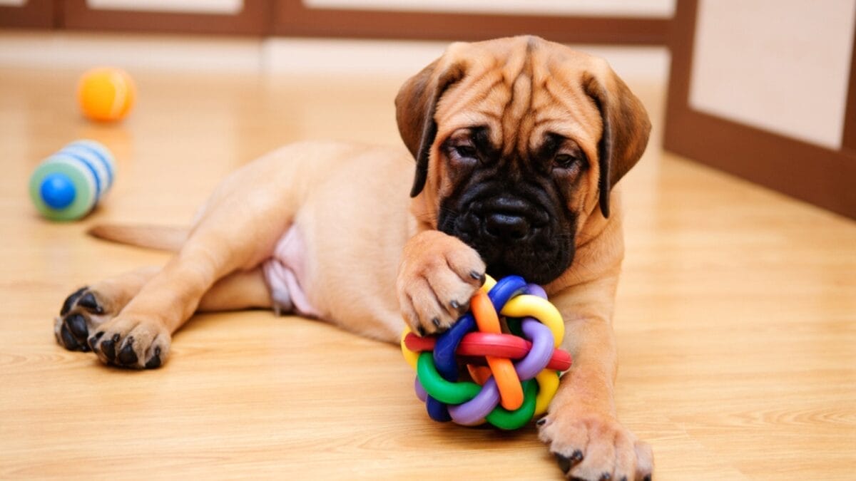 Unleashing the Mastiff: 10 Facts About the Dog Breed That Once Fought Lions 8 Unleashing the Mastiff: 10 Facts About the Dog Breed That Once Fought Lions - bullmastiff puppy playing toy ss110591582