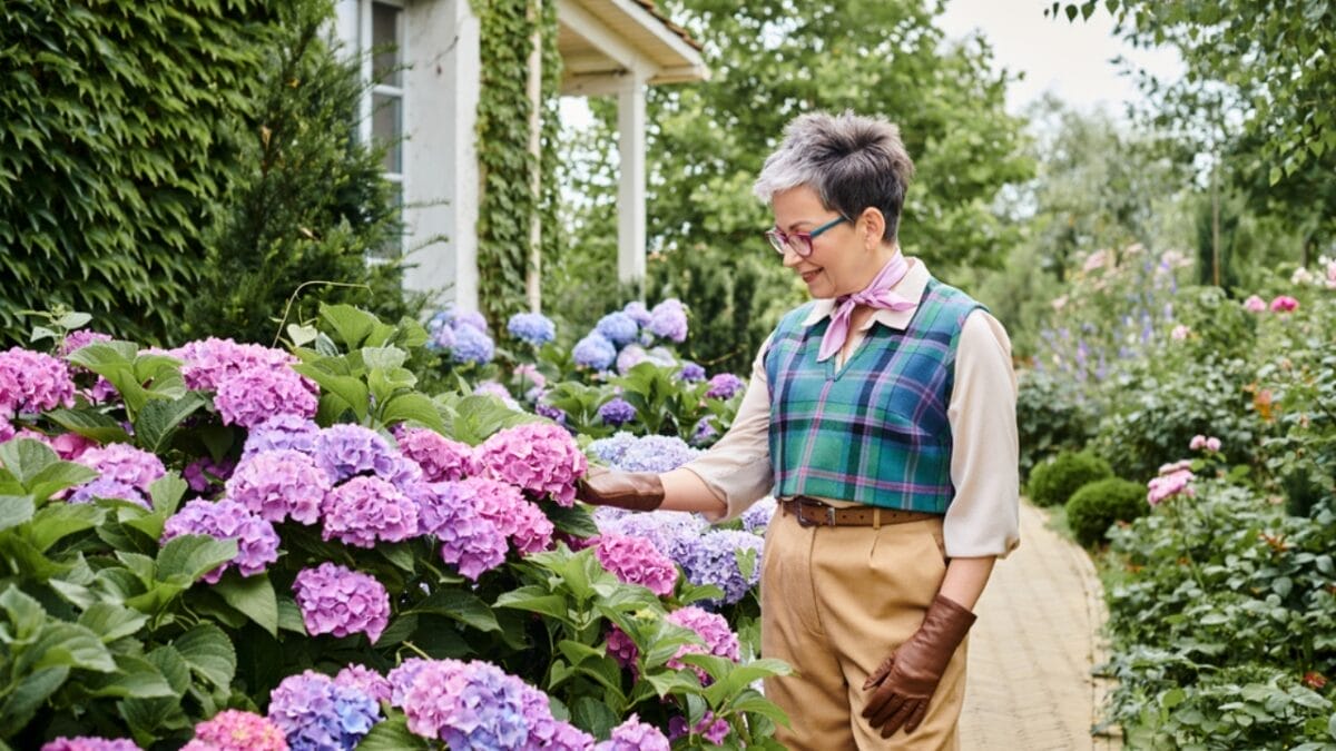 Bring Your Hydrangeas Back to Life with These Easy, Simple Tips - old woman smiling hydrangea flowers dp701802798