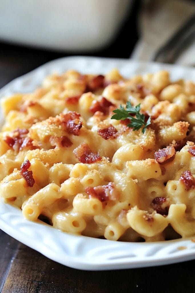 A Rich, Creamy Slow Cooker Bacon Macaroni & Cheese Recipe That’ll Make You Forget About Boxed Mac - Bacon Macaroni and Cheese pin