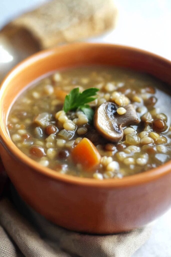 Hearty Crockpot Mushroom, Barley & Lentil Soup for Fall & Winter - Mushroom Barley and Lentil Soup pin