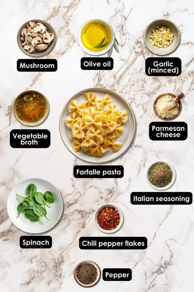 This Parmesan Spinach Mushroom Pasta Skillet Recipe is Savory, Creamy & Ready in Minutes 3 This Parmesan Spinach Mushroom Pasta Skillet Recipe is Savory, Creamy & Ready in Minutes - Parmesan Spinach Mushroom Pasta Skillet Ingredients