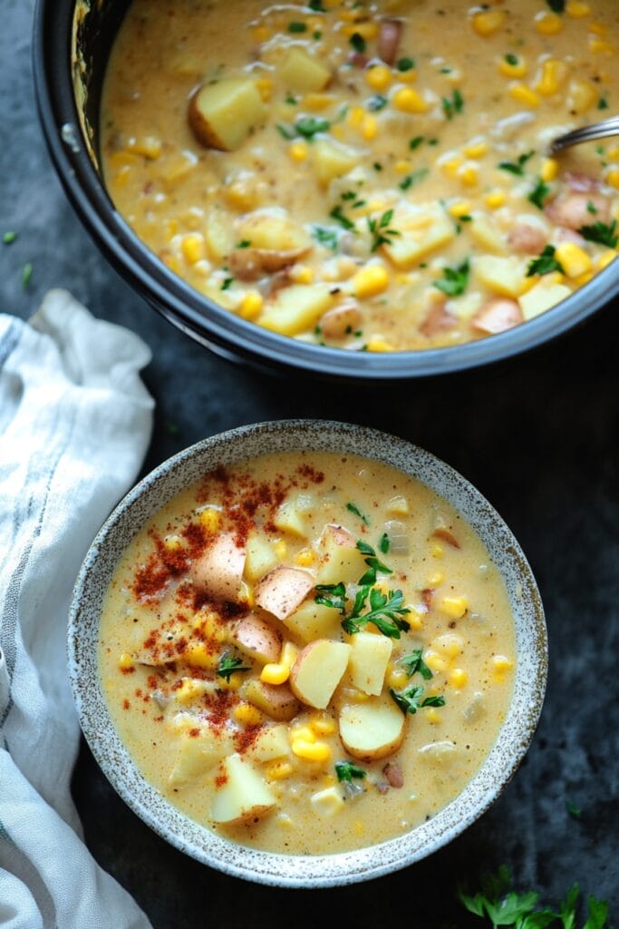 Cozy Up with This Creamy Slow Cooker Potato & Corn Chowder - Potato and Corn Chowder pin