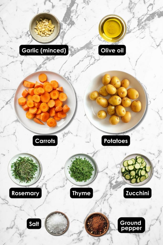 Perfectly Savory Garlic Herb Roasted Veggies Recipe Everyone Will Love - garlic herb roasted potatoes carrots and zucchini ingredients