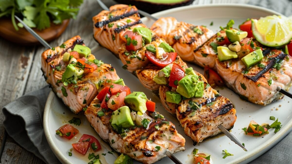 15 Healthy Summer Dinner Recipes That You Can Whip Up in a Jiffy 26 15 Healthy Summer Dinner Recipes That You Can Whip Up in a Jiffy - grilled salmon skewers with avocado salsa ai