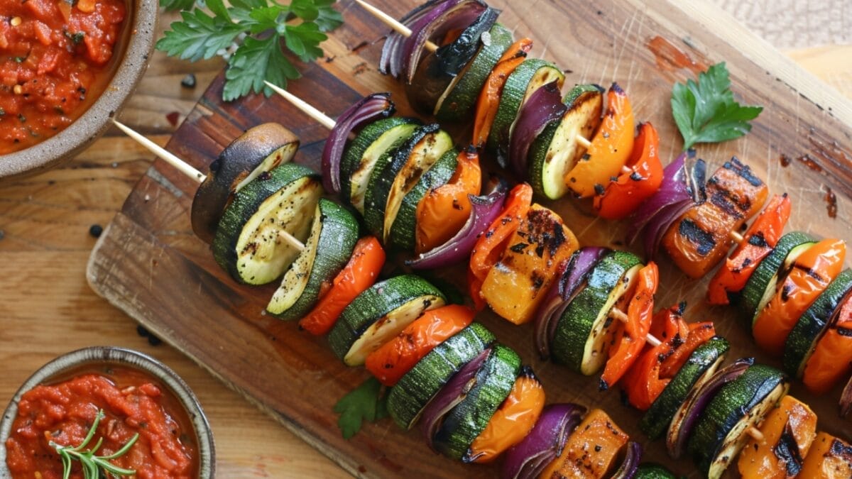 15 Healthy Summer Dinner Recipes That You Can Whip Up in a Jiffy 14 15 Healthy Summer Dinner Recipes That You Can Whip Up in a Jiffy - grilled vegetables skewers with romesco sauce ai