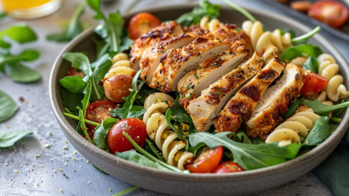 15 Healthy Summer Dinner Recipes That You Can Whip Up in a Jiffy 24 15 Healthy Summer Dinner Recipes That You Can Whip Up in a Jiffy - summer salad with arugula basil pasta and crispy chicken ai