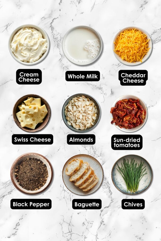 Smoked-Almond Cheese Toasts Recipe: A Sophisticated Party Hit 3 Smoked-Almond Cheese Toasts Recipe: A Sophisticated Party Hit - Smoked Almond Cheese Toasts ingredients