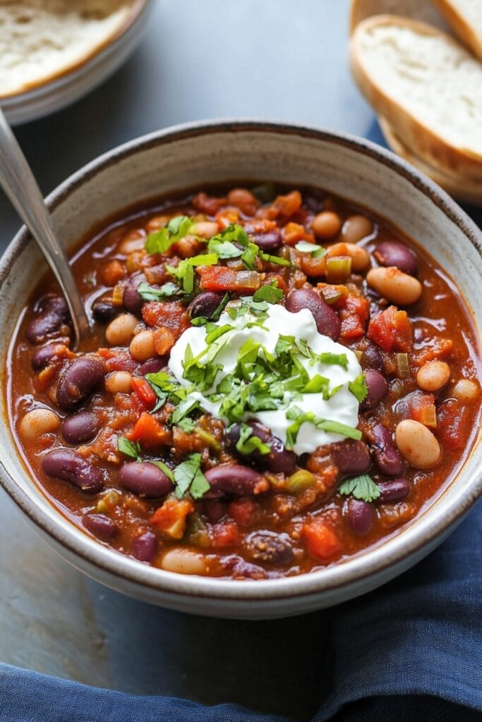 Simmer to Perfection This Slow Cooker Three-Bean Vegetarian Chili Recipe - Three Bean Vegetarian Chili pin