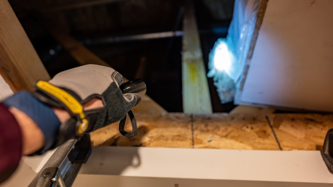 Homeowners, Don’t Skip These 15 Yearly Tasks to Save Serious Money Over Time - checking attic with flashlight ss1951714060