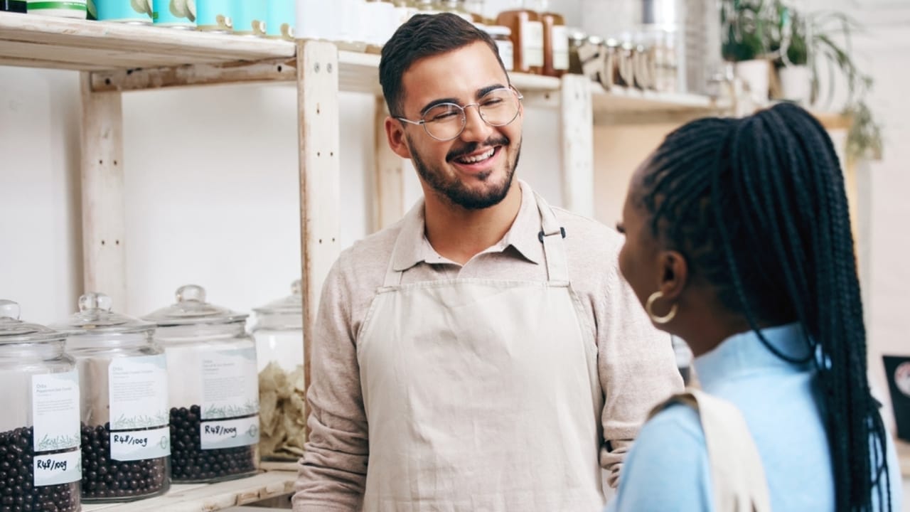 9 Rules to Know When Bringing Service Dogs into Grocery Stores 9 9 Rules to Know When Bringing Service Dogs into Grocery Stores - grocery store staff talking ss2350252461