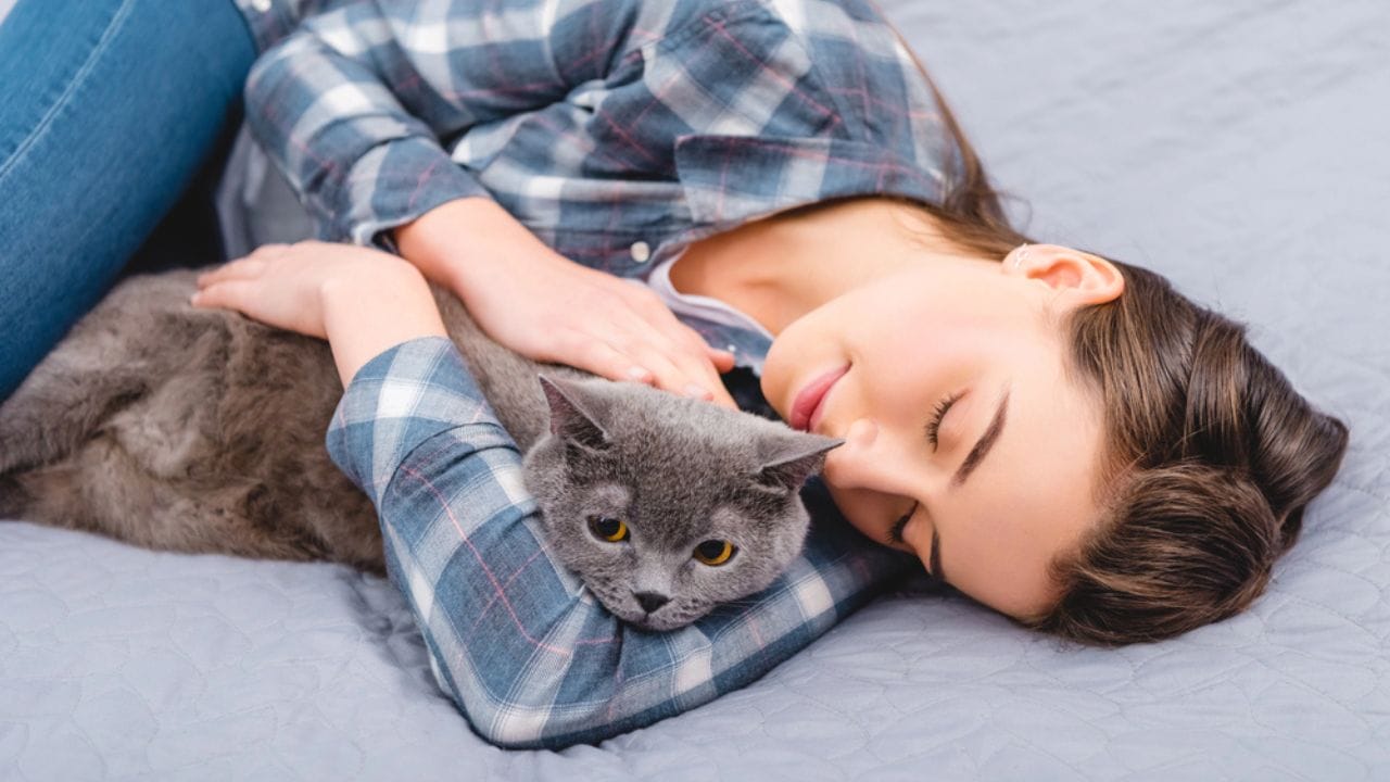 What Your Cat’s Sleeping Position Says About Their Love for You 12 What Your Cat’s Sleeping Position Says About Their Love for You - sleeping lady with cat dp229753186