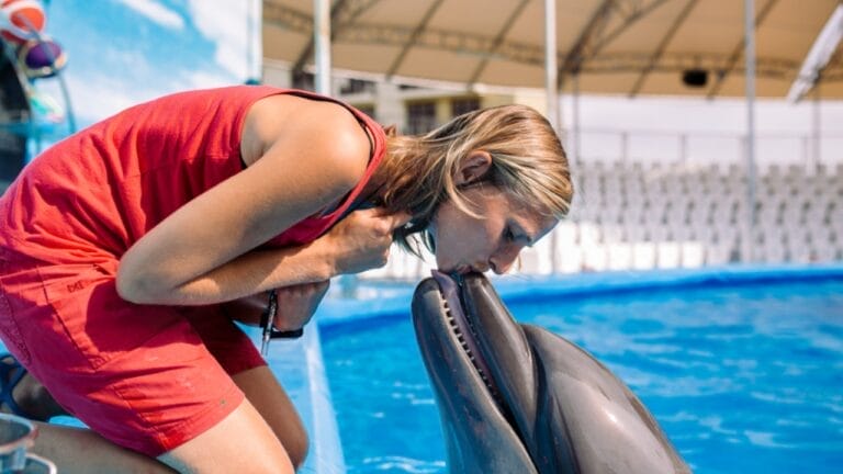 15 Animals Known for Their Gentle & Friendly Nature - woman kissing dolphin ss1218083545
