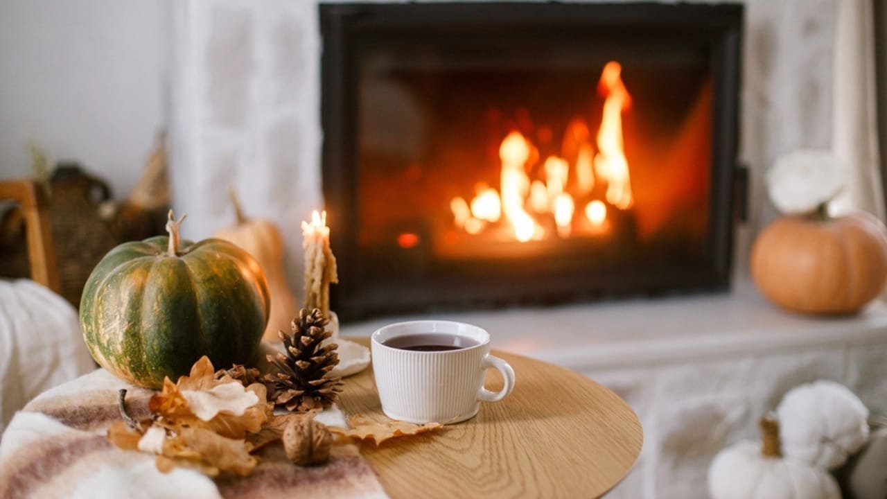 29 Fall Decor Tips for a Warm, Comfy & Inviting Home 10 29 Fall Decor Tips for a Warm, Comfy & Inviting Home - fireplace with pumpkin autumn leaves fall decor ss2484682277