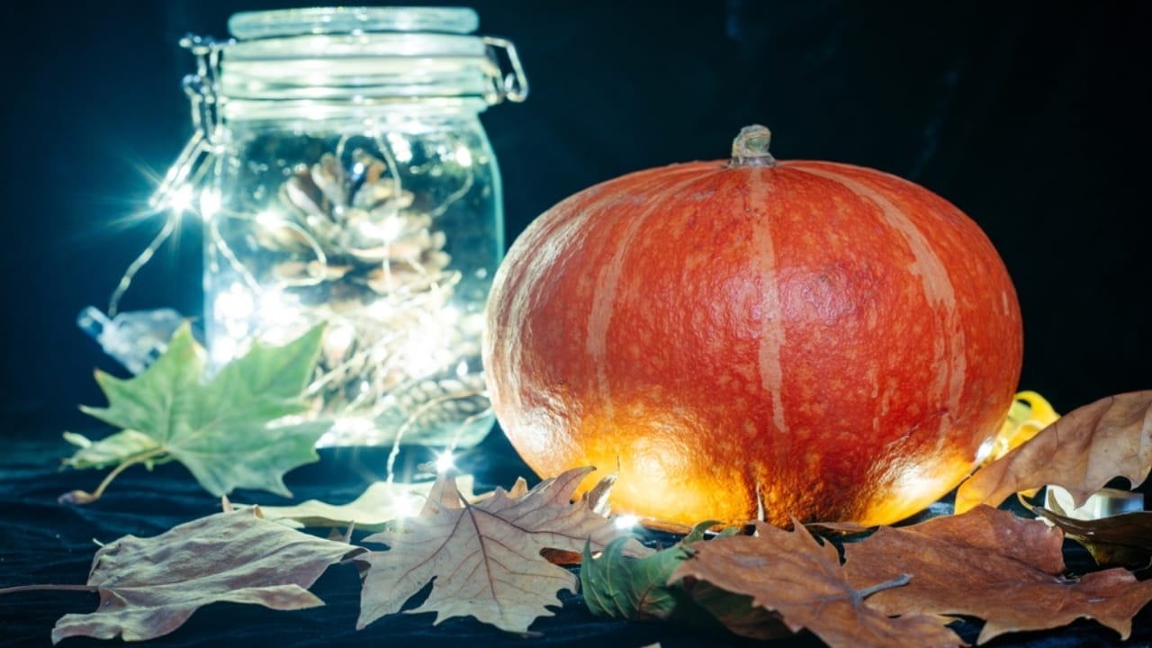 Cozy Fireplace Vibes: 25 Fall Mantel Decor Ideas for 2024 8 Cozy Fireplace Vibes: 25 Fall Mantel Decor Ideas for 2024 - pumpkin glass jar with pinecone and fallen leaves ss2213984907