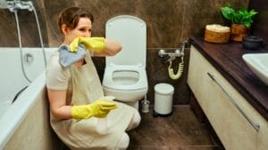 Bathroom Smelling Like a Sewer? Here's What to Do 1 Bathroom Smelling Like a Sewer? Here's What to Do - woman cleaning dirty and smelly toilet bowl ss 2059714544