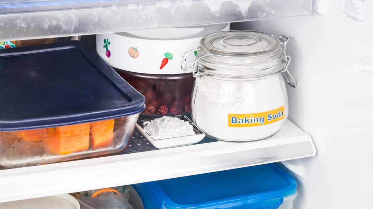 14 Clever Ways to Use Baking Soda Around the House - Baking soda placed in refrigerator dp85976464