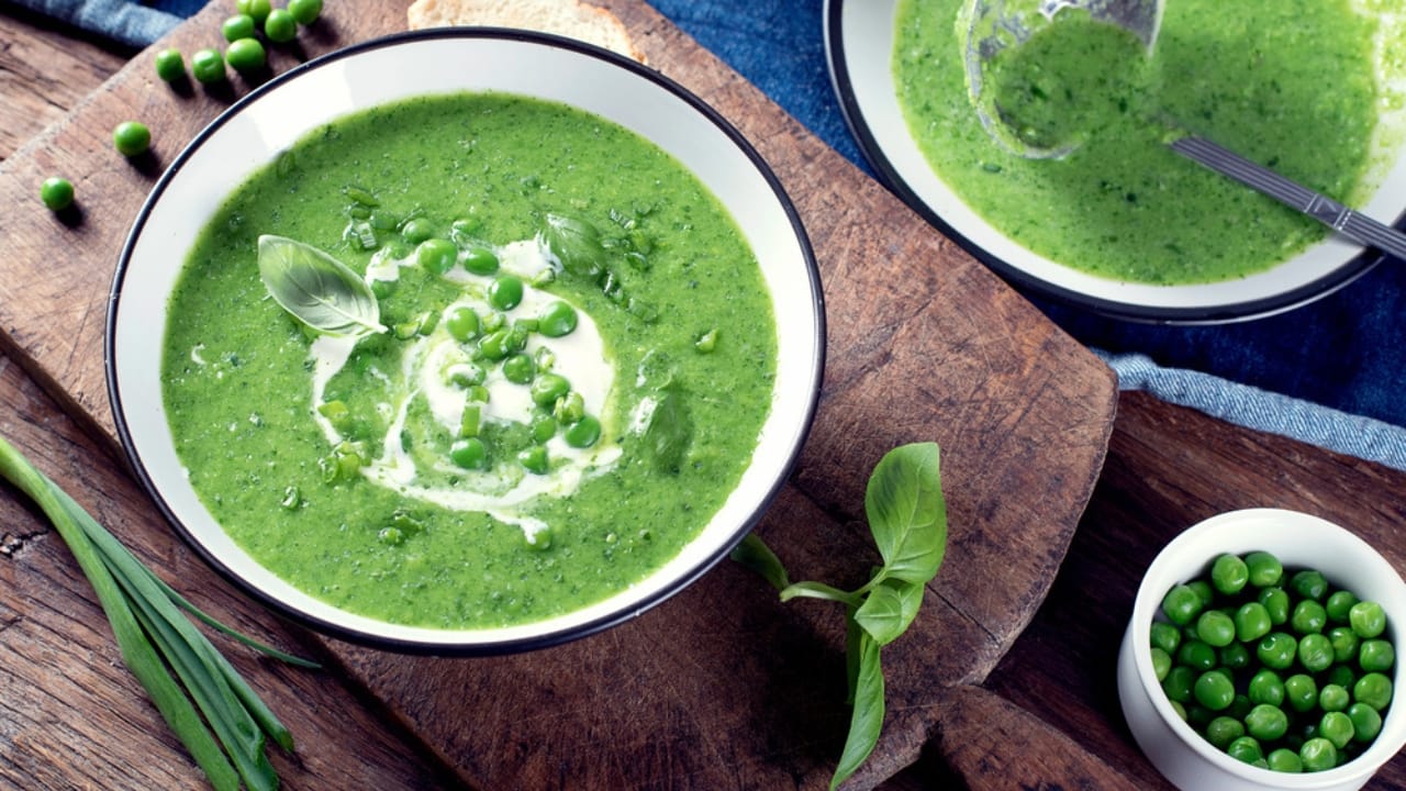 10 High-Protein Soups That Make Weight Loss Feel Like Comfort Food - Chilled Creamy Basil and Pea Soup dp176092956