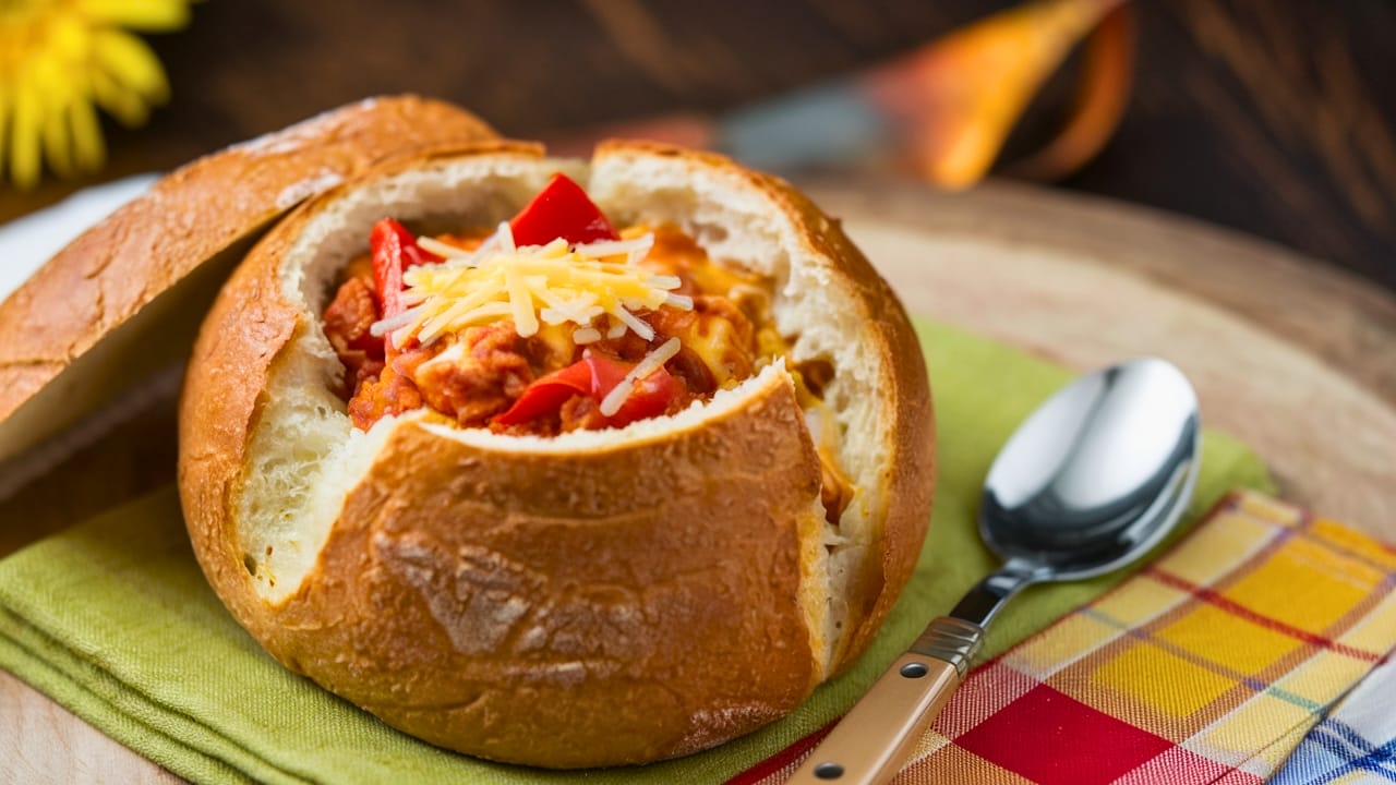 21 Hearty Protein-Packed Soups That Will Keep Your Tummy & Tastebuds Happy 9 21 Hearty Protein-Packed Soups That Will Keep Your Tummy & Tastebuds Happy - Pepperoni Pizza Soup in Bread Bowl a i ideao