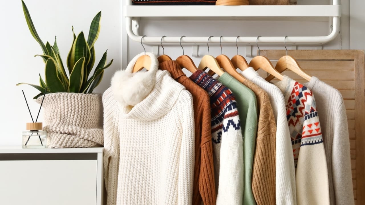 54% of Americans Face Disaster Risks: 18 Goodwill Essentials for Budget Survival Kits - Rack with stylish knitted sweaters ss2125484324