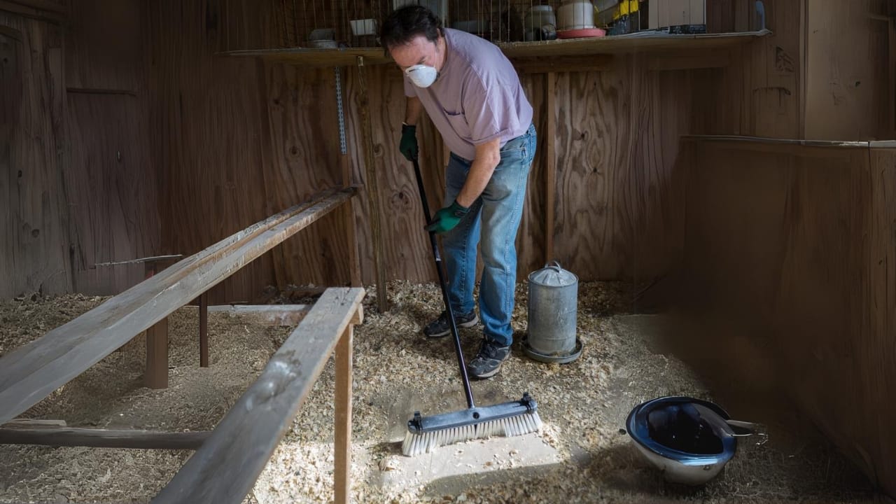 15 Must-Haves for a Safe & Happy Chicken Coop 16 15 Must-Haves for a Safe & Happy Chicken Coop - chicken farmer cleaning chicken coop dp88622316