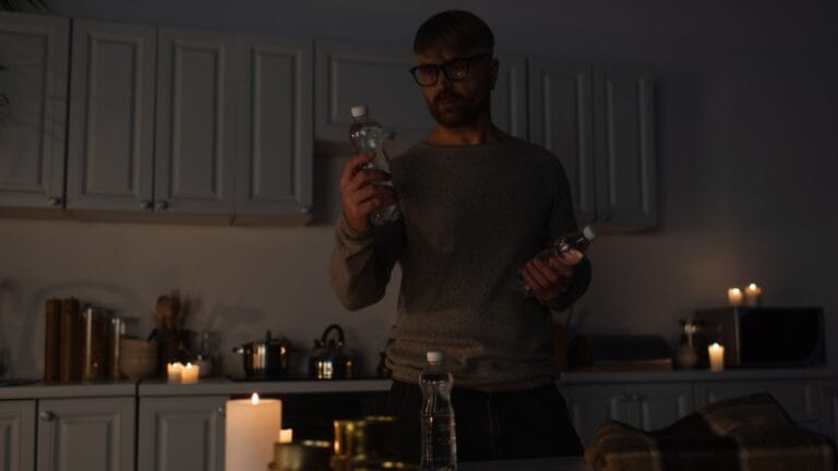 Prepping for Power Outages: 30 Important Steps to Stay Safe & Comfortable 7 Prepping for Power Outages: 30 Important Steps to Stay Safe & Comfortable - man holding bottled water black out dp620410300