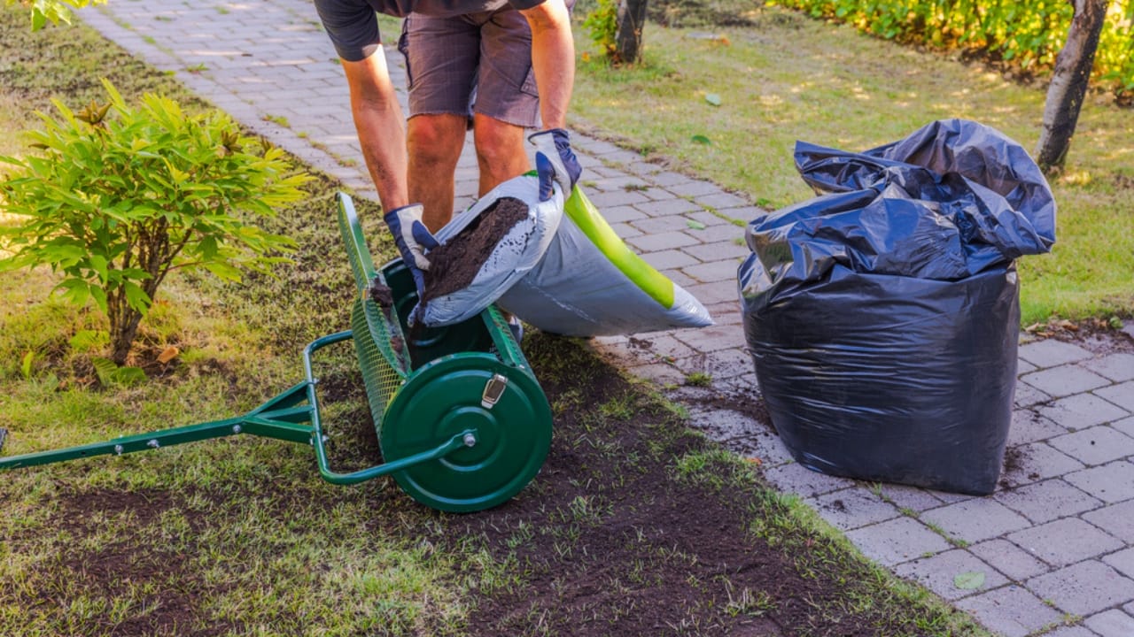Topdressing Gains Ground as the Go-To Lawn Care Method - Man filling lawn top dresser with soil dp741557378 dnoh