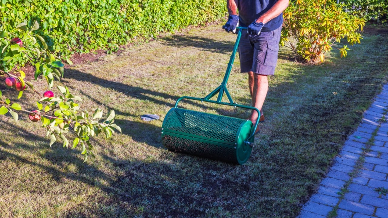 Topdressing Gains Ground as the Go-To Lawn Care Method - man topdressing using soil spreader on garden dp741557478 dnoh