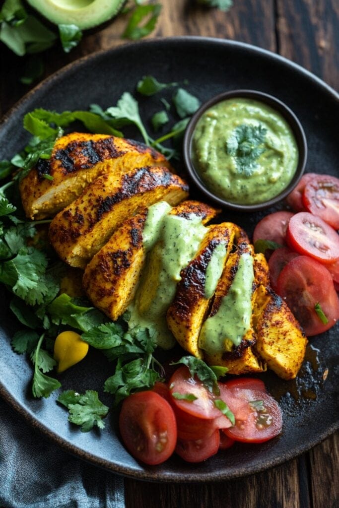 Herbaceous Avocado Dressing Paired with Chile-Rubbed Chicken 4 Herbaceous Avocado Dressing Paired with Chile-Rubbed Chicken - Chile Rubbed Spatchcocked Chicken with Avocado Ranch Dressing Pin Variant