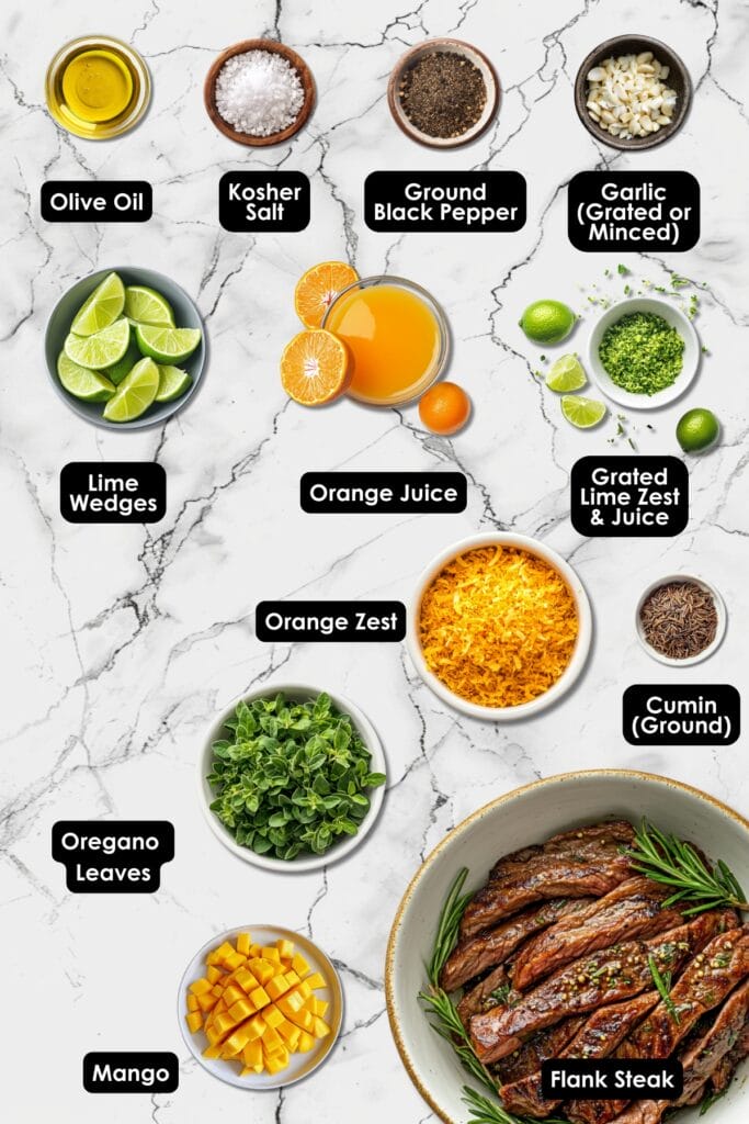 The Best Cuban Flank Steak Recipe for a Crowd-Pleasing Dinner 3 The Best Cuban Flank Steak Recipe for a Crowd-Pleasing Dinner - Cuban Flank Steak with Lime Fresh Mango Ingredients