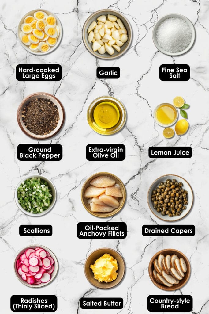 Dinner-Ready Egg Crostini with Radish & Anchovies 4 Dinner-Ready Egg Crostini with Radish & Anchovies - Egg Crostini With Radish Anchovy Ingredients