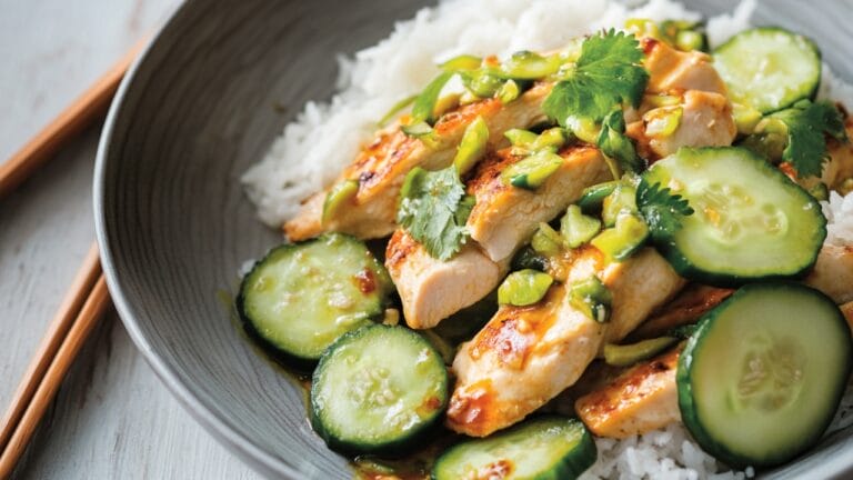 Garlic-Chile Chicken Dinner with a Refreshing Ginger Sauce 4 Garlic-Chile Chicken Dinner with a Refreshing Ginger Sauce - Garlic Chile Chicken Breasts with Cucumbers Green Ginger Sauce 1