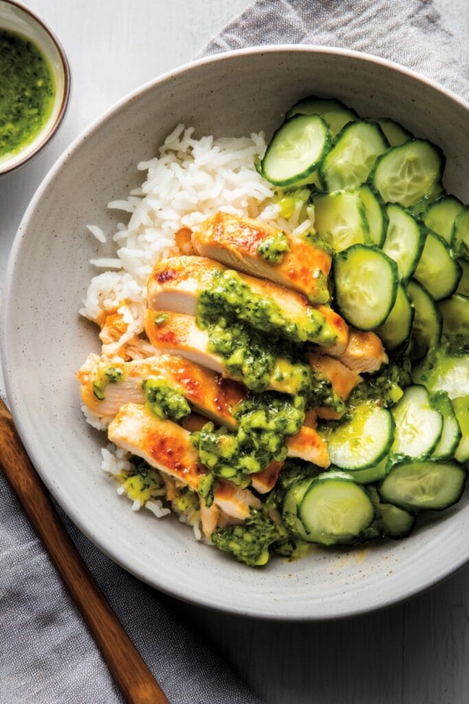 Garlic-Chile Chicken Dinner with a Refreshing Ginger Sauce 2 Garlic-Chile Chicken Dinner with a Refreshing Ginger Sauce - Garlic Chile Chicken Breasts with Cucumbers Green Ginger Sauce Pin