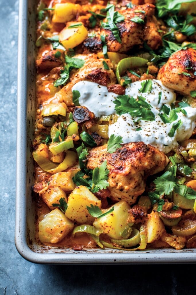 Spicy Harissa Chicken Dinner: An Easy Recipe to Try 2 Spicy Harissa Chicken Dinner: An Easy Recipe to Try - Harissa Chicken with Leeks Potatoes Yogurt Pin