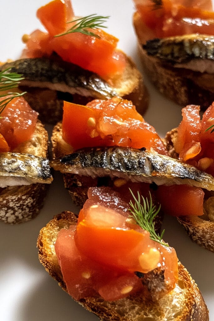 Quick & Easy Sardine Crostini with Seared Tomatoes 4 Quick & Easy Sardine Crostini with Seared Tomatoes - Sardine Crostini with Seared Tomatoes Pin V