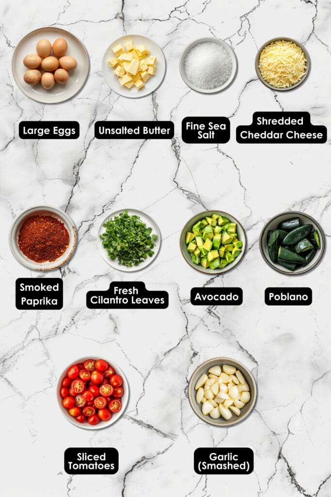 Tex-Mex Scrambled Eggs Dinner Recipe with a Smoky Green Chile Twist 4 Tex-Mex Scrambled Eggs Dinner Recipe with a Smoky Green Chile Twist - Scrambled Eggs With Roasted Green Chiles Cheddar Ingredients