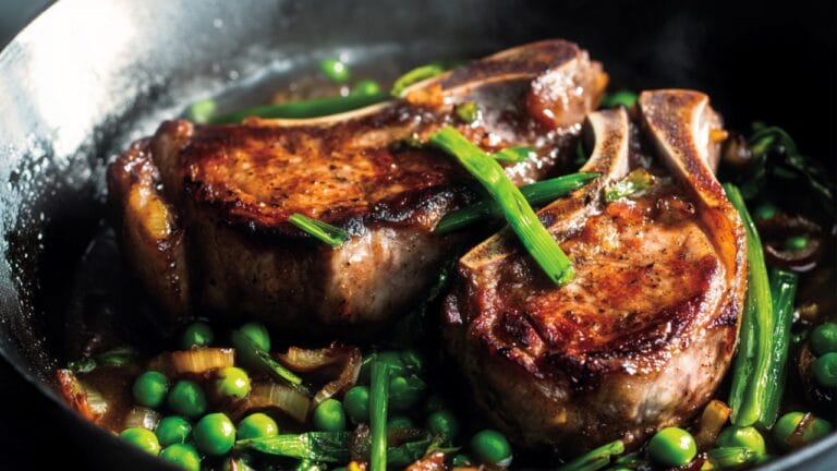 Quick Mediterranean Chops with Pancetta & Fresh Vegetables 2 Quick Mediterranean Chops with Pancetta & Fresh Vegetables - Seared Pork or Veal Chops with Peas Scallions Pancetta 1