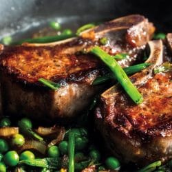 Quick Mediterranean Chops with Pancetta & Fresh Vegetables 4 Quick Mediterranean Chops with Pancetta & Fresh Vegetables - Seared Pork or Veal Chops with Peas Scallions Pancetta 1