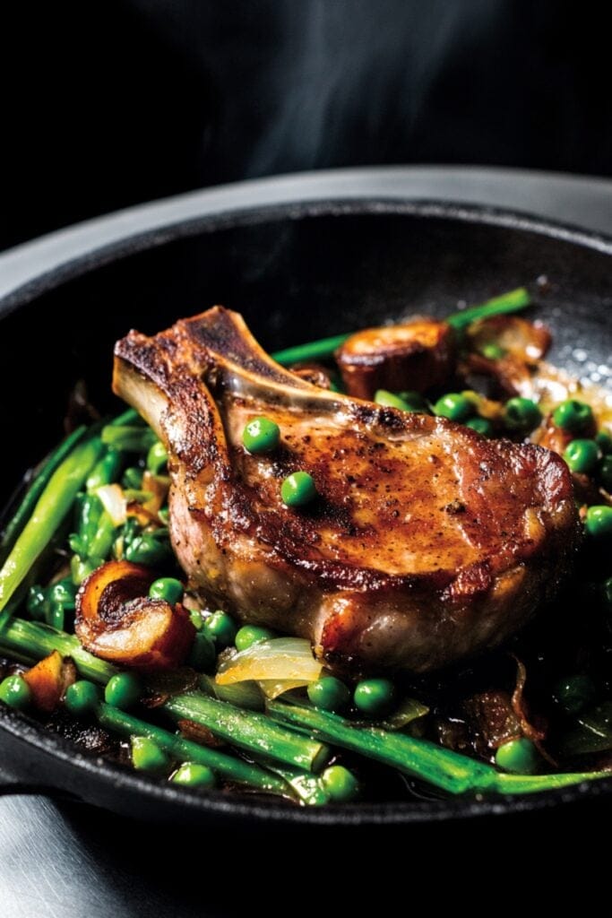 Quick Mediterranean Chops with Pancetta & Fresh Vegetables 2 Quick Mediterranean Chops with Pancetta & Fresh Vegetables - Seared Pork or Veal Chops with Peas Scallions Pancetta Pin