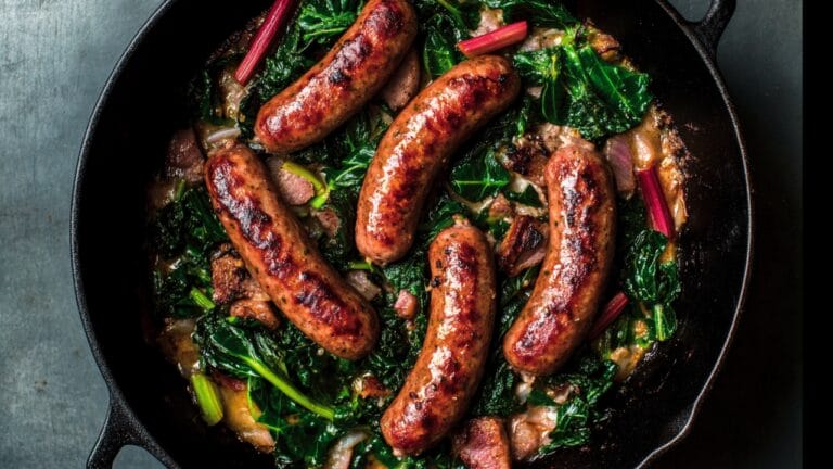 A Unique Dinner Recipe with Sausage and Rhubarb 7 A Unique Dinner Recipe with Sausage and Rhubarb - Seared Sausage Rhubarb With Swiss Chard 1