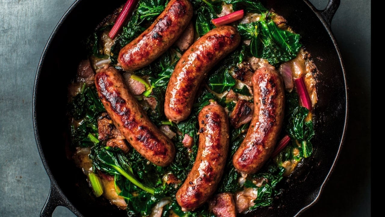 Taste the World: 25 Bold Dinner Recipes with Global Flavors 25 Taste the World: 25 Bold Dinner Recipes with Global Flavors - Seared Sausage Rhubarb With Swiss Chard 1