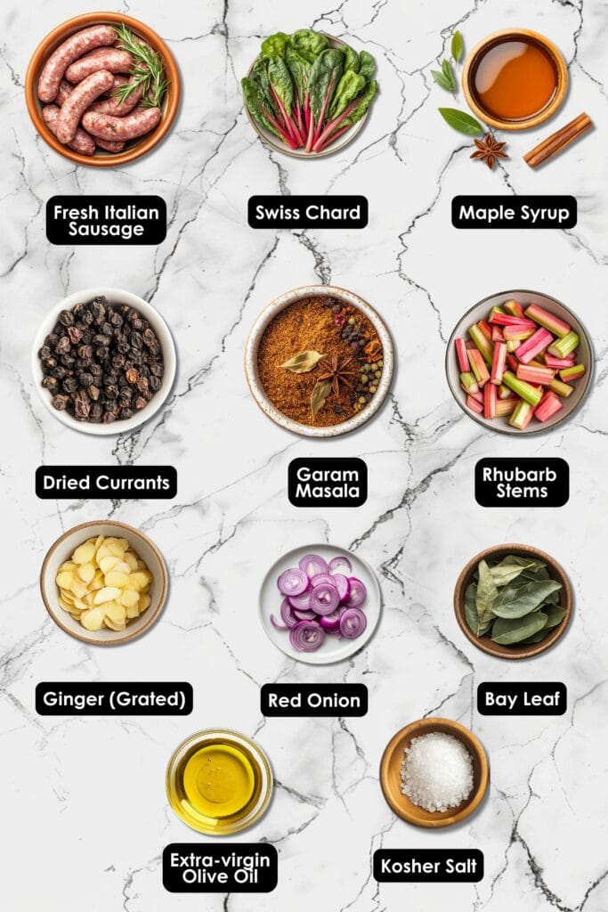 A Unique Dinner Recipe with Sausage and Rhubarb 3 A Unique Dinner Recipe with Sausage and Rhubarb - Seared Sausage Rhubarb With Swiss Chard Ingredients