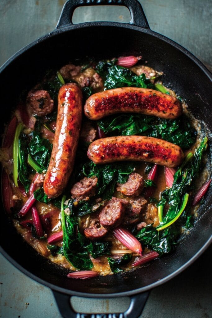 A Unique Dinner Recipe with Sausage and Rhubarb - Seared Sausage Rhubarb With Swiss Chard pin