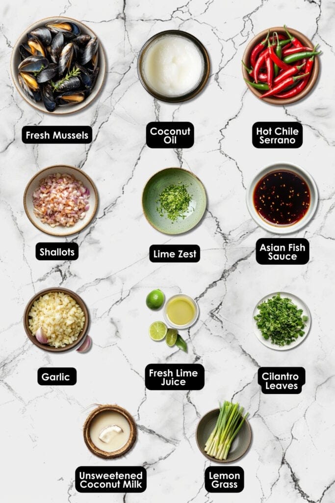 Thai-Style Mussels Recipe for a Delicious Seafood Dinner 3 Thai-Style Mussels Recipe for a Delicious Seafood Dinner - Thai Style Mussels With Coconut Lemongrass Ingredients