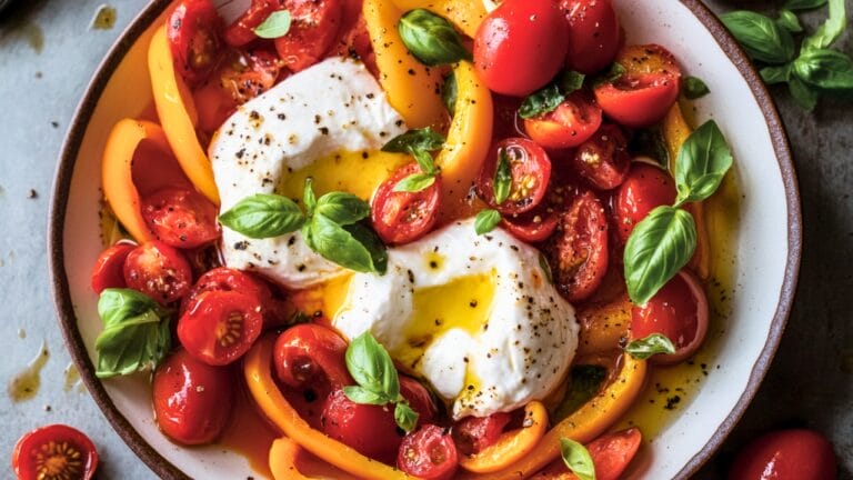 Creamy Burrata Recipe for Easy Mediterranean-Inspired Food 9 Creamy Burrata Recipe for Easy Mediterranean-Inspired Food - Burrata with Peperonata and Tomatoes midia