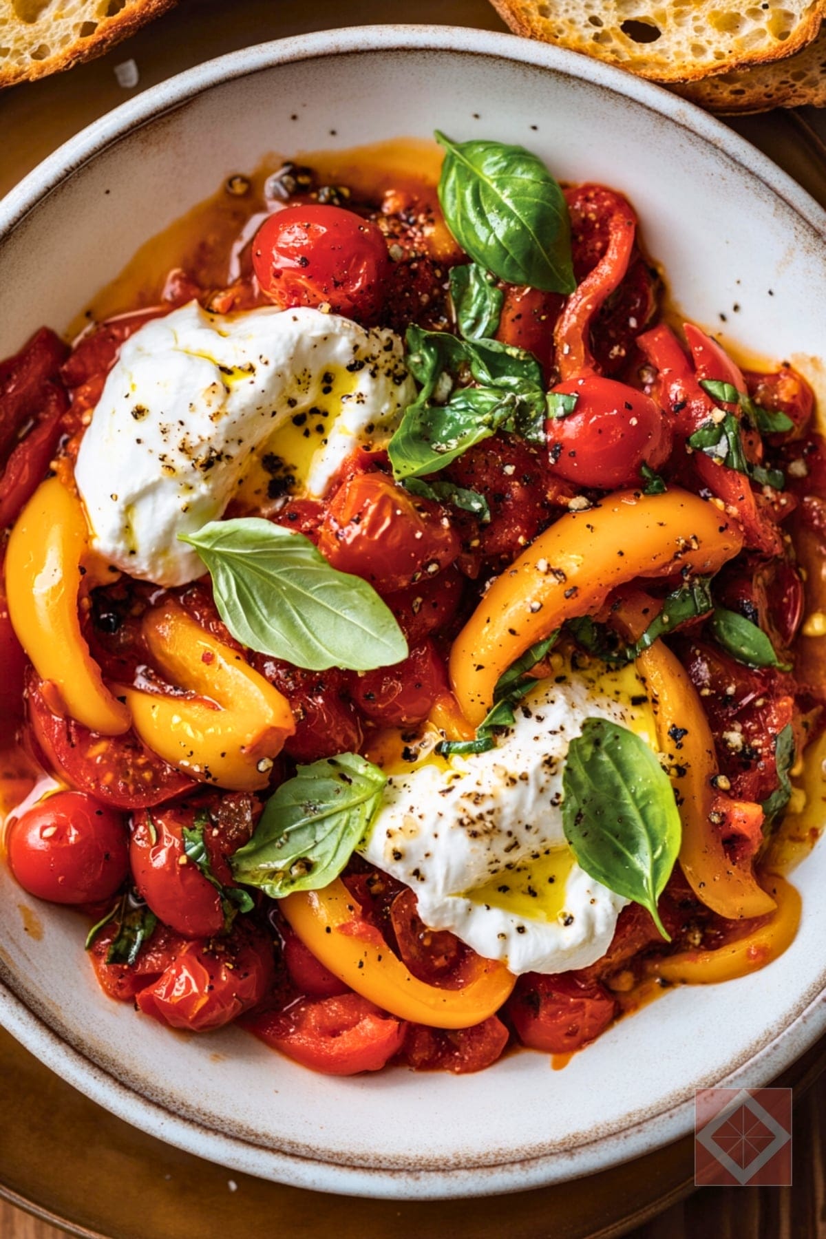 Creamy Burrata Recipe for Easy Mediterranean-Inspired Food - Burrata with Peperonata and Tomatoes pin 1 midia