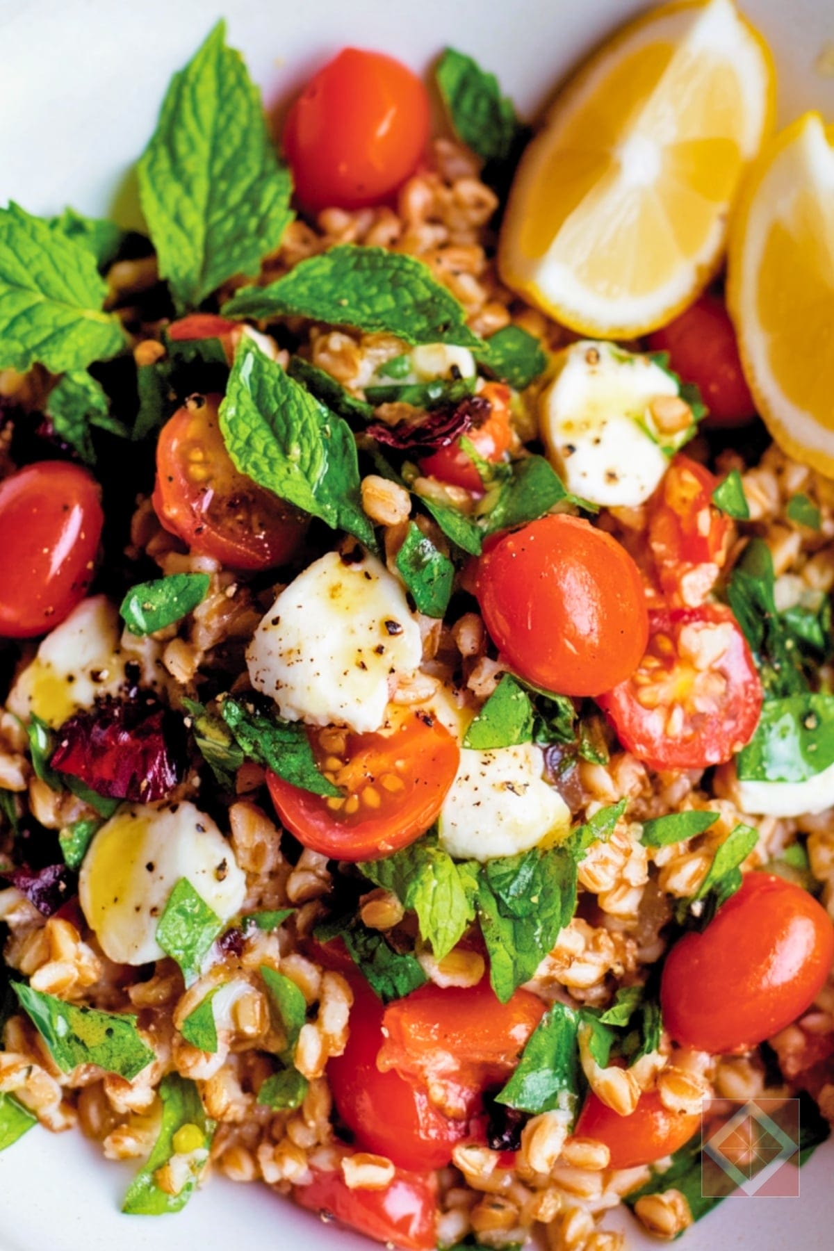 Dinner-Ready Farro Salad Recipe with Smoked Mozzarella & Mint 4 Dinner-Ready Farro Salad Recipe with Smoked Mozzarella & Mint - Farro Salad pin 2 midia