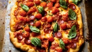 Easy Fresh Garden Pizza with Pepperoni & Cherry Tomatoes 1 Easy Fresh Garden Pizza with Pepperoni & Cherry Tomatoes - Garden Pizza midia